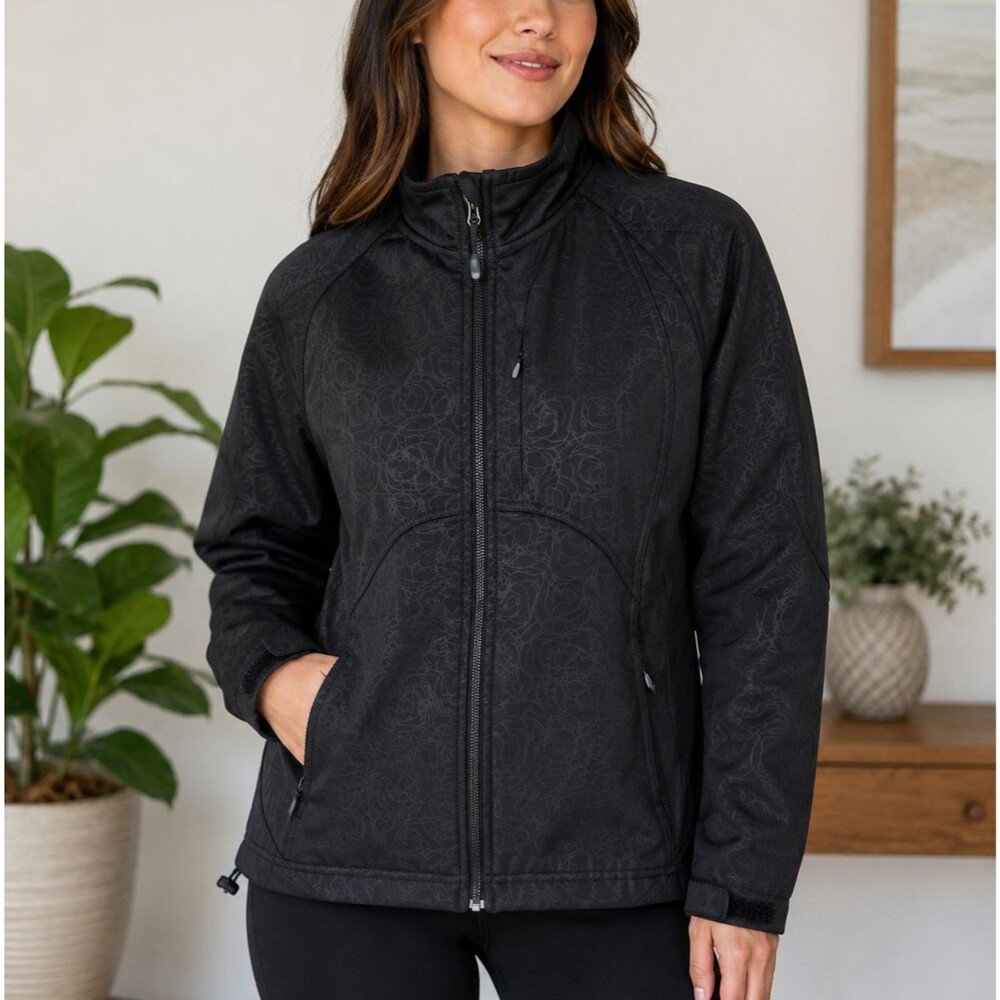 Double Diamond Womens Softshell Jacket Black Rose Print Fleece Lined Medium M